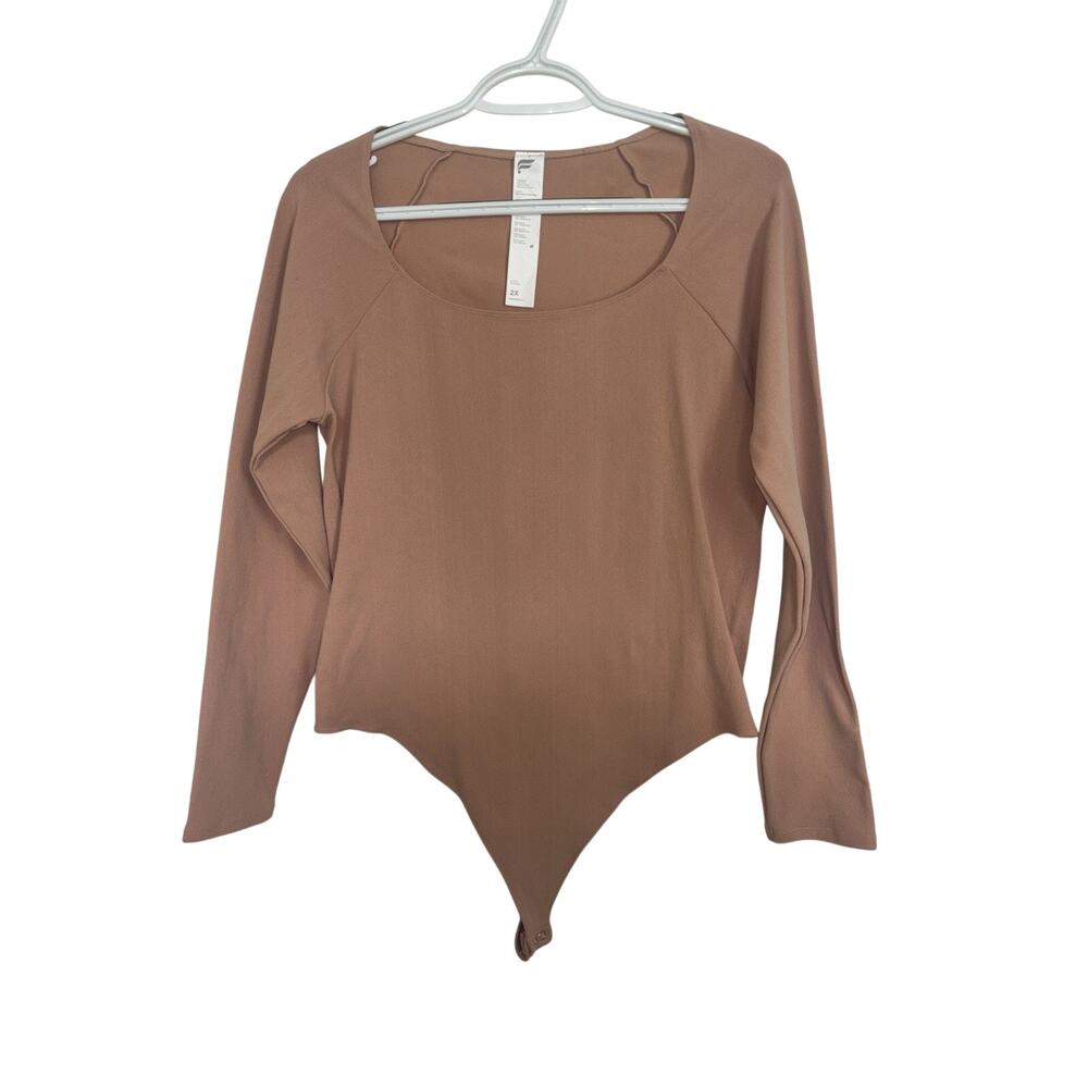 Fabletics Tan Mindy SculptKnit Bodysuit 2X Long Sleeve Thong Style